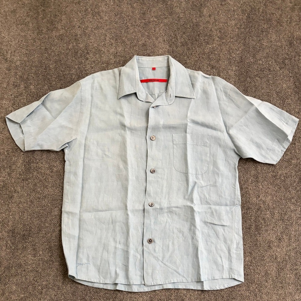 Signum Mens Light Blue 100% Linen Short Sleeve Button Down Shirt Size M